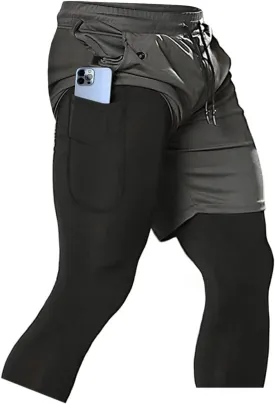 Aolesy Men's 2 in 1 Running Compression Pants, Black, High Rise, Athletic Tapered