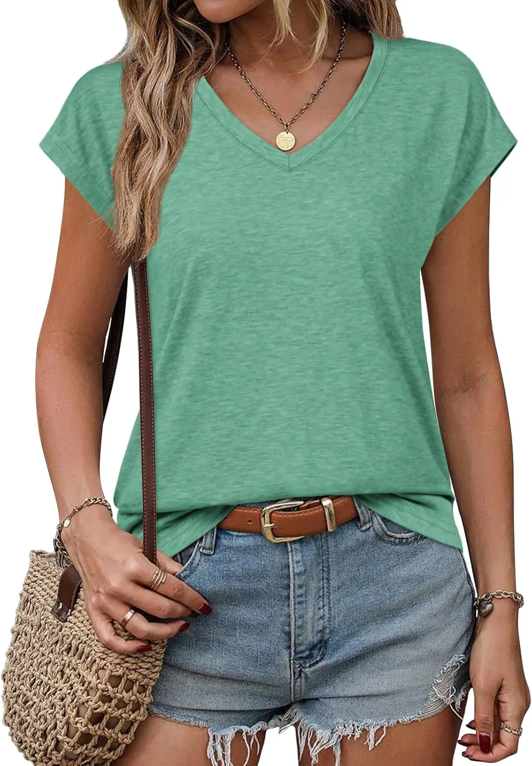 ATHMILE Womens Summer Tops V Neck Cap Sleeve Tshirts Casual Cute T Shirts Fashion Clothes Vintage Basics Tee