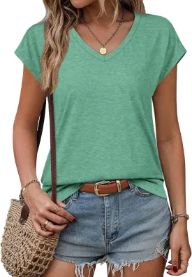 ATHMILE Womens Summer Tops V Neck Cap Sleeve Tshirts Casual Cute T Shirts Fashion Clothes Vintage Basics Tee