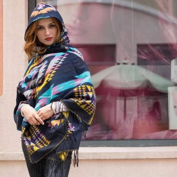 Autumn And Winter Vintage Bohemian National Style Imitation Wool Thickening Warm Hooded Cloak Shawl
