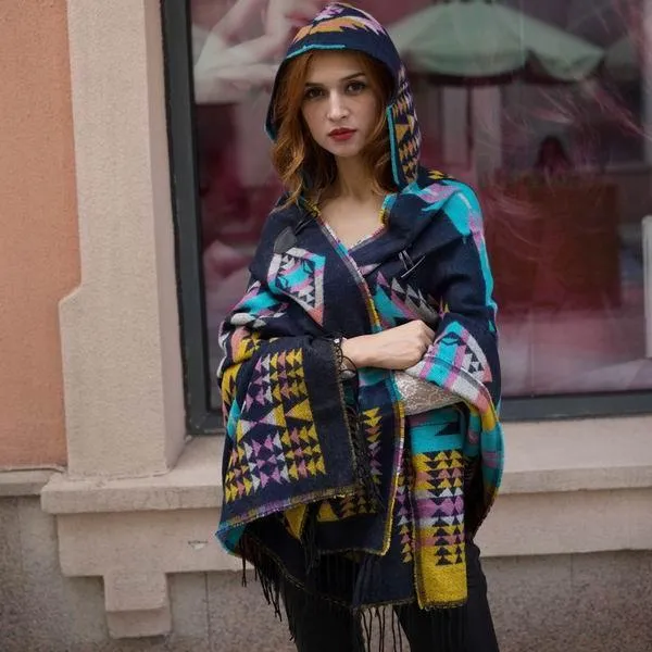 Autumn And Winter Vintage Bohemian National Style Imitation Wool Thickening Warm Hooded Cloak Shawl