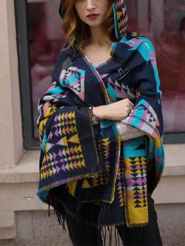Autumn And Winter Vintage Bohemian National Style Imitation Wool Thickening Warm Hooded Cloak Shawl