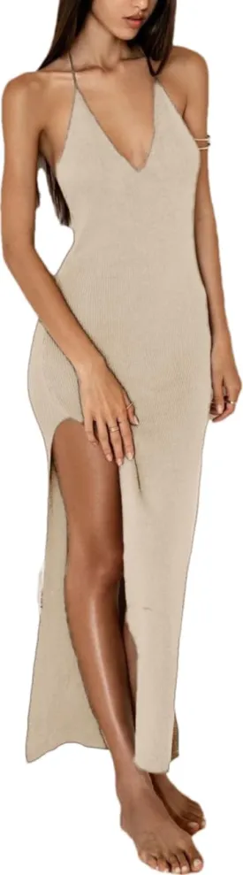 Backless Dress for Women Tie Waist Knit Maxi Dress Low Cut Neckline Split Dress Swim Cover Ups Strap Long Dress