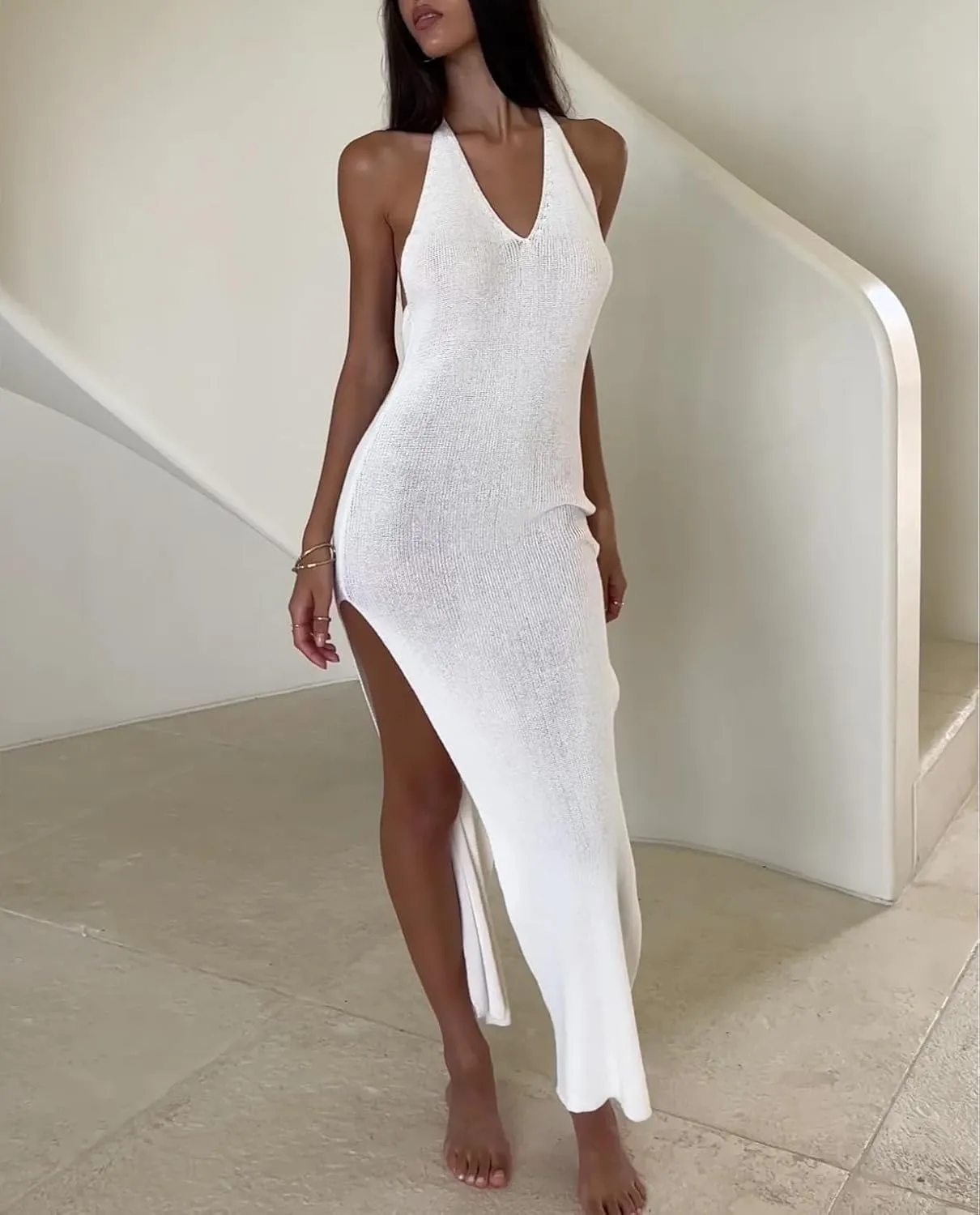 Backless Dress for Women Tie Waist Knit Maxi Dress Low Cut Neckline Split Dress Swim Cover Ups Strap Long Dress