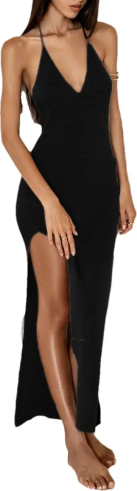 Backless Dress for Women Tie Waist Knit Maxi Dress Low Cut Neckline Split Dress Swim Cover Ups Strap Long Dress