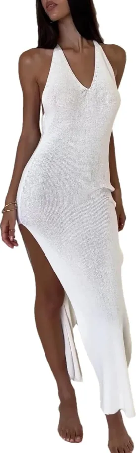 Backless Dress for Women Tie Waist Knit Maxi Dress Low Cut Neckline Split Dress Swim Cover Ups Strap Long Dress