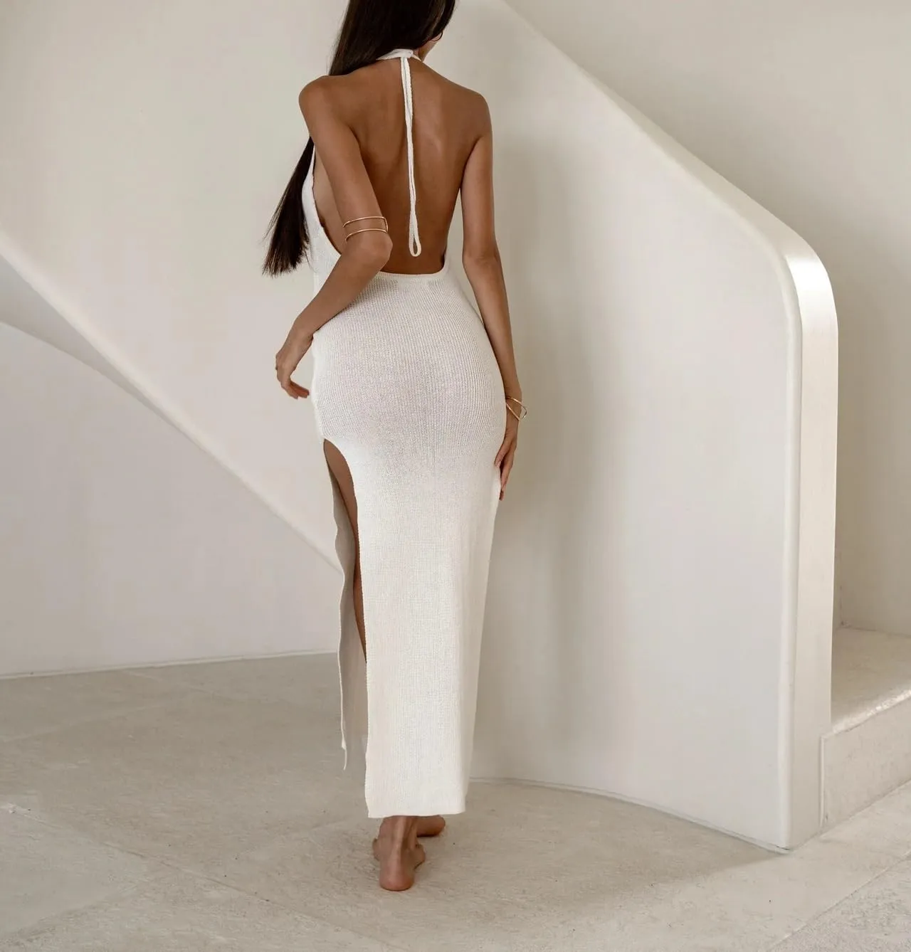 Backless Dress for Women Tie Waist Knit Maxi Dress Low Cut Neckline Split Dress Swim Cover Ups Strap Long Dress