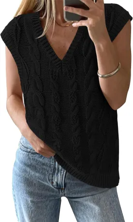 BTFBM Womens Oversized Sweater Vest 2025 Summer V Neck Casual Sleeveless Sweaters Loose Cable Knit Pullover Tops