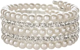 COLORFUL BLING Chunky Imitation Pearl Bracelet for Women Multi Row Layered Crystal Rhinestone Stackable Wrap Open Cuff Bangle Bridal Wedding Jewelry