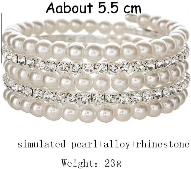 COLORFUL BLING Chunky Imitation Pearl Bracelet for Women Multi Row Layered Crystal Rhinestone Stackable Wrap Open Cuff Bangle Bridal Wedding Jewelry