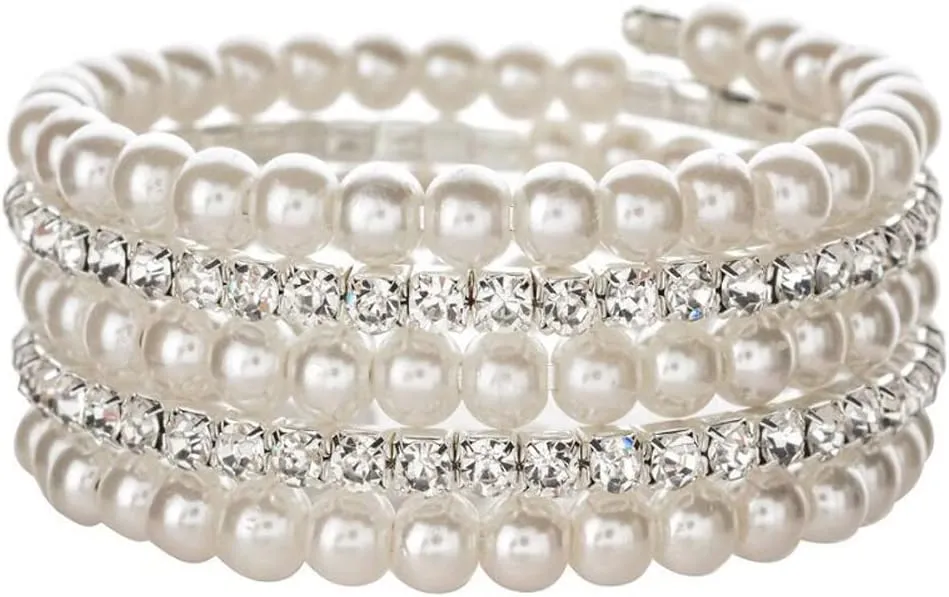 COLORFUL BLING Chunky Imitation Pearl Bracelet for Women Multi Row Layered Crystal Rhinestone Stackable Wrap Open Cuff Bangle Bridal Wedding Jewelry