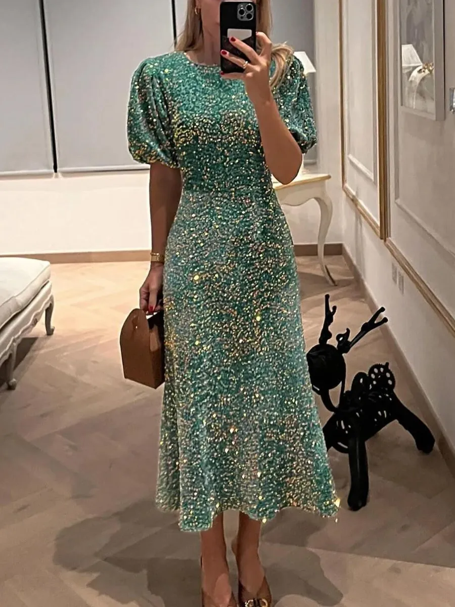 Coralie - Sparkling Maxi Dress with Round Neck and Glittery Sleeves