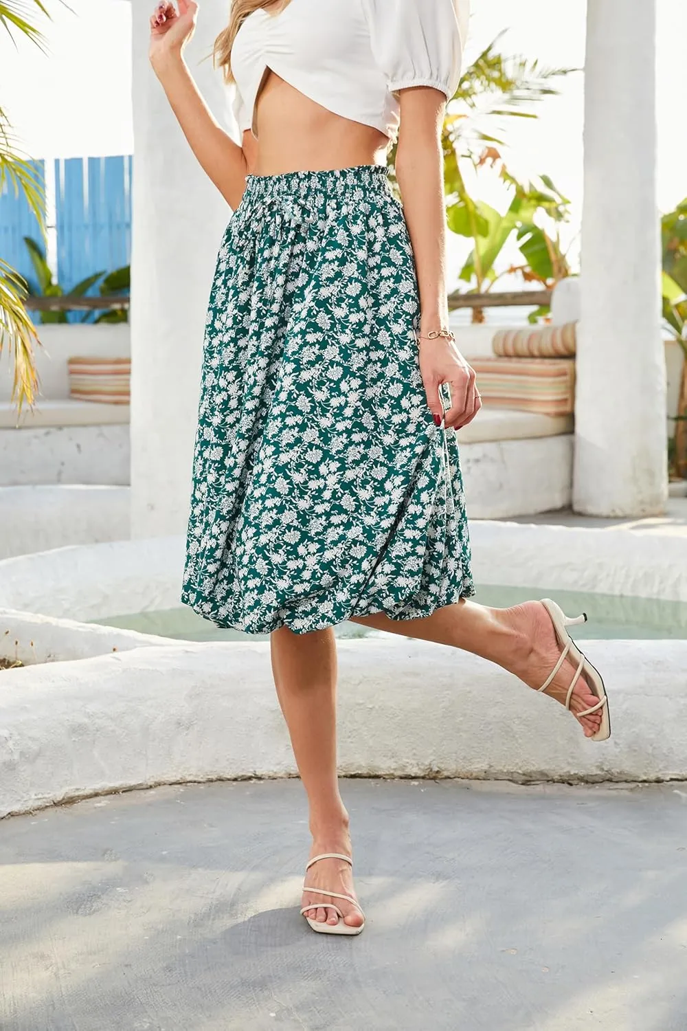 Elegant mid Length Skirt Elastic Waist Floral Bohemian Design for Women Summer Versatile Little Fresh Pompon Bouffant Skirts