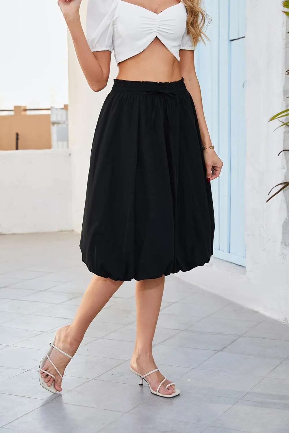 Elegant mid Length Skirt Elastic Waist Floral Bohemian Design for Women Summer Versatile Little Fresh Pompon Bouffant Skirts