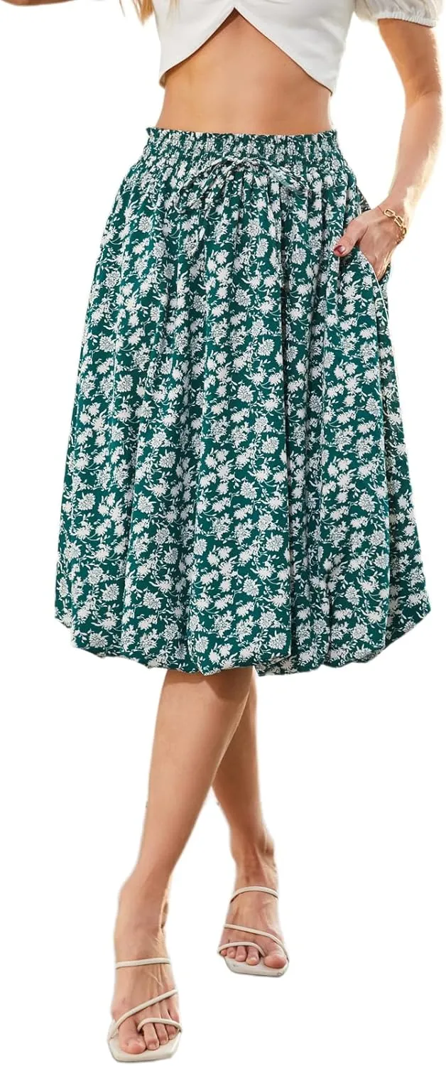 Elegant mid Length Skirt Elastic Waist Floral Bohemian Design for Women Summer Versatile Little Fresh Pompon Bouffant Skirts