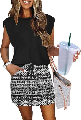 ETCYY NEW Womens Cap Sleeve Summer Dress Crew Neck Tie Front A-Line Dresses Double Layer Hem Mini Dress