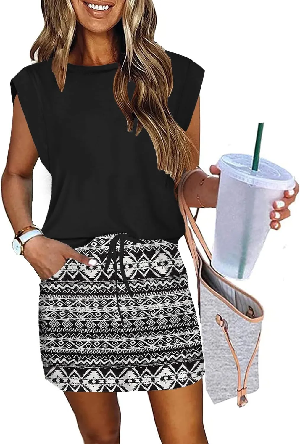 ETCYY NEW Womens Cap Sleeve Summer Dress Crew Neck Tie Front A-Line Dresses Double Layer Hem Mini Dress