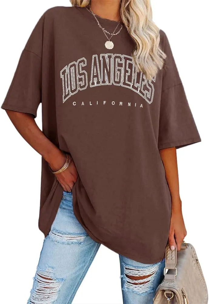 Fazortev Womens Oversized Los Angeles California Graphic T Shirts Half Sleeve Summer Loose Casual Tees Tunic Tops