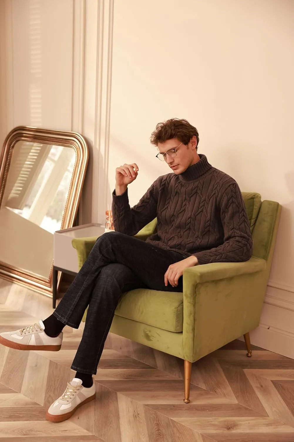 GRACE KARIN Men's Turtleneck Pullover Sweaters Long Sleeve Solid Twisted Cable Knit Sweater