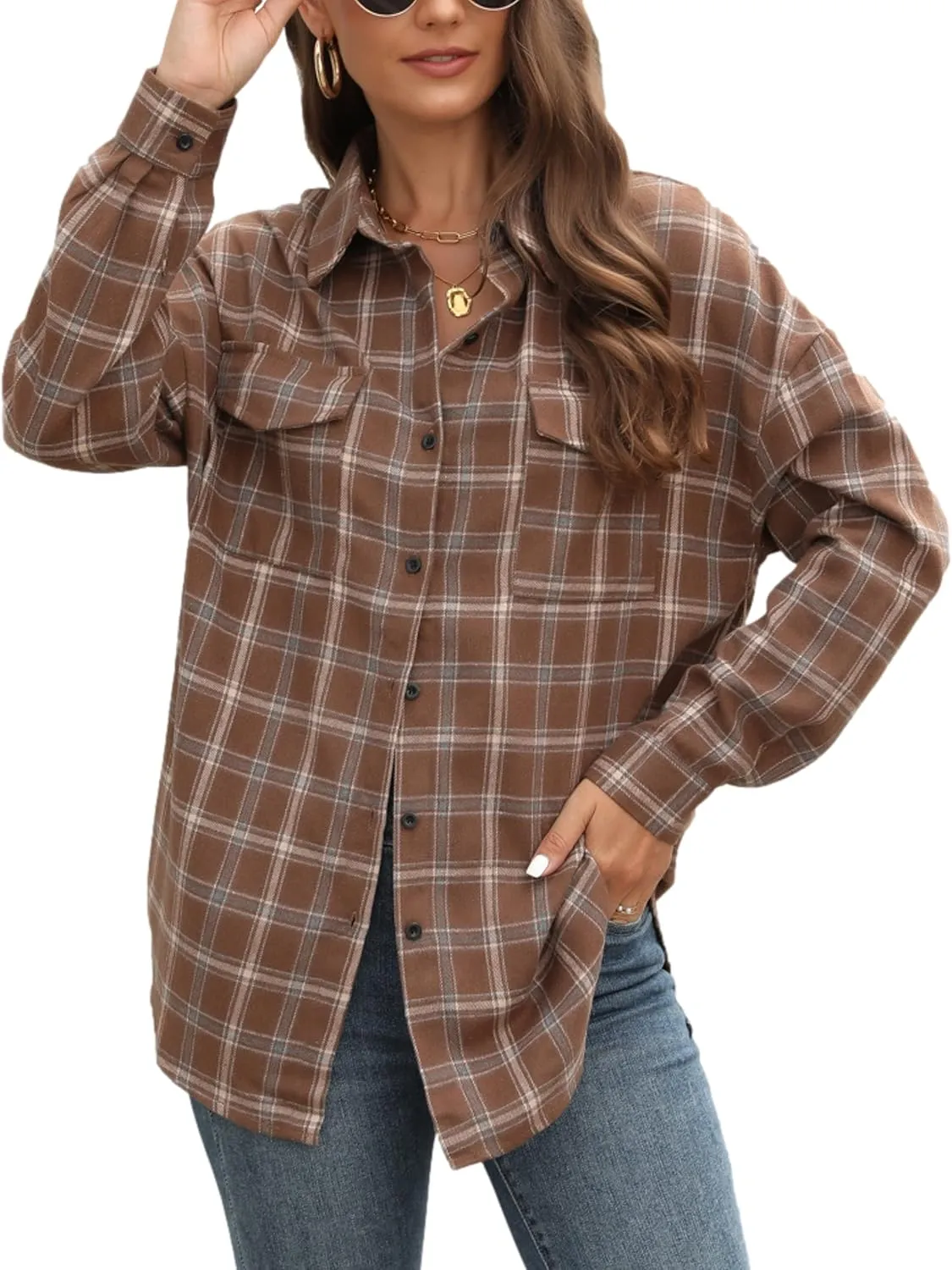 HangNiFang Womens Flannel Plaid Shirts Oversized Lightweight Button Down Shirts Blouse