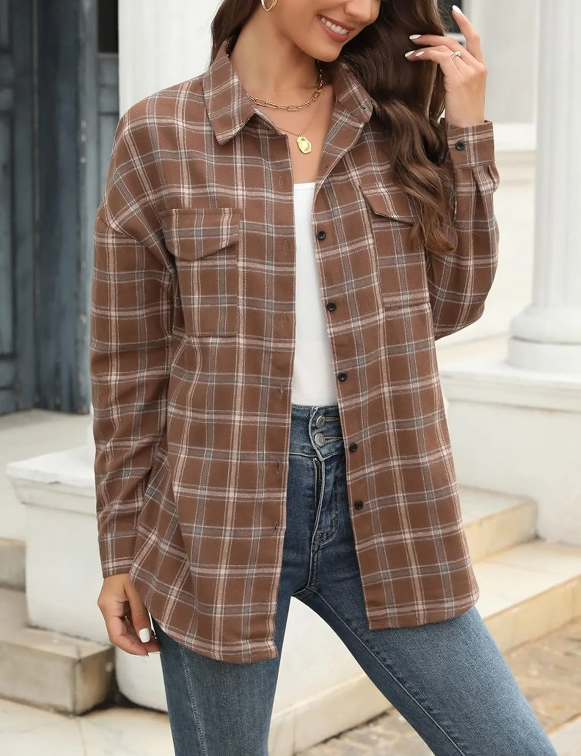 HangNiFang Womens Flannel Plaid Shirts Oversized Lightweight Button Down Shirts Blouse