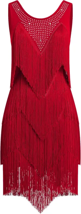 IWEMEK Rhinestones Layered Fringe Dress Ballroom Latin Dance Dress for Women Tiered Tassel Flapper Dresses Dancing Costume