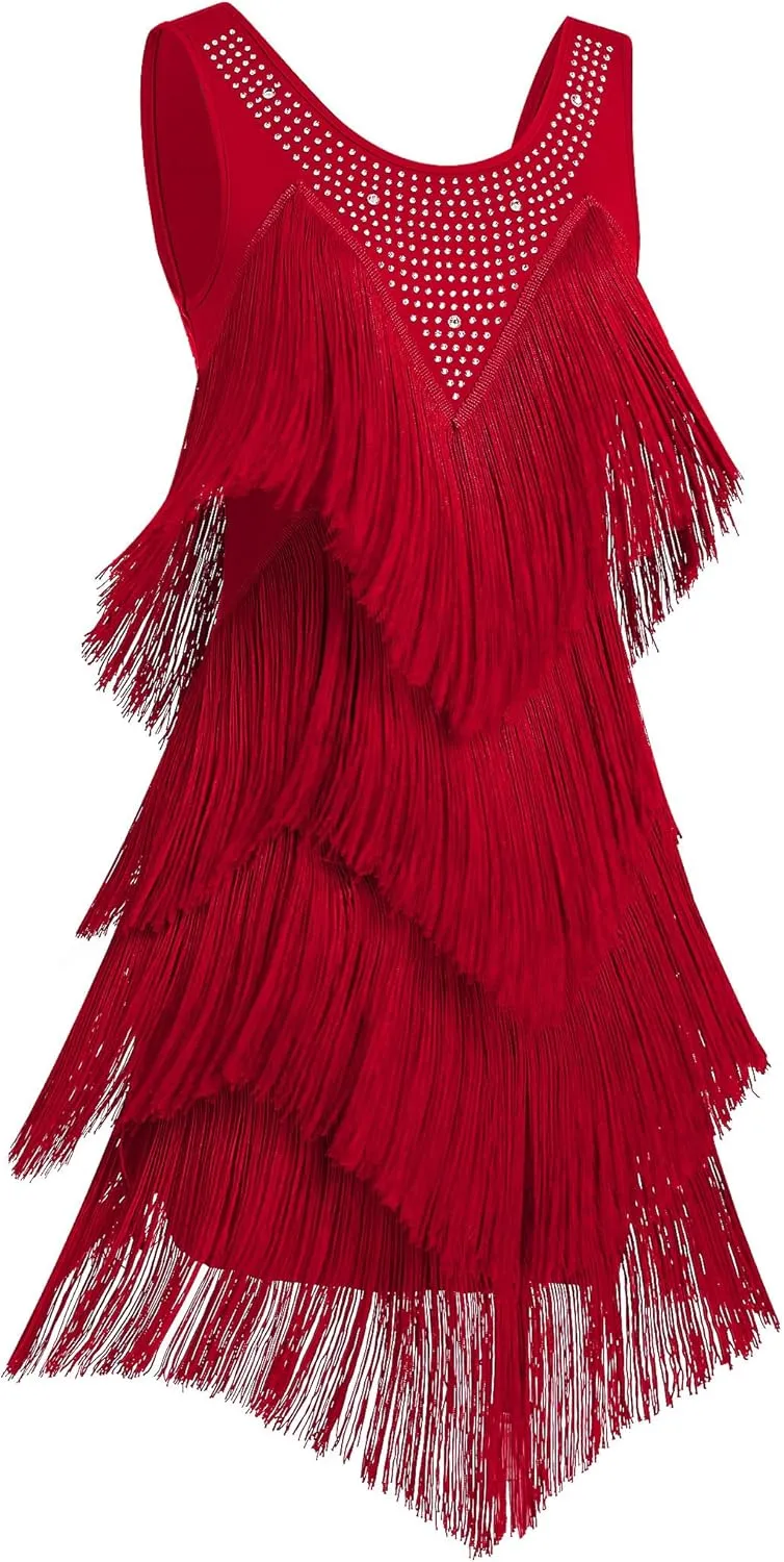 IWEMEK Rhinestones Layered Fringe Dress Ballroom Latin Dance Dress for Women Tiered Tassel Flapper Dresses Dancing Costume