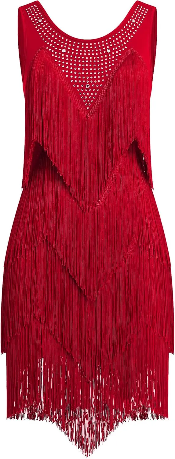 IWEMEK Rhinestones Layered Fringe Dress Ballroom Latin Dance Dress for Women Tiered Tassel Flapper Dresses Dancing Costume