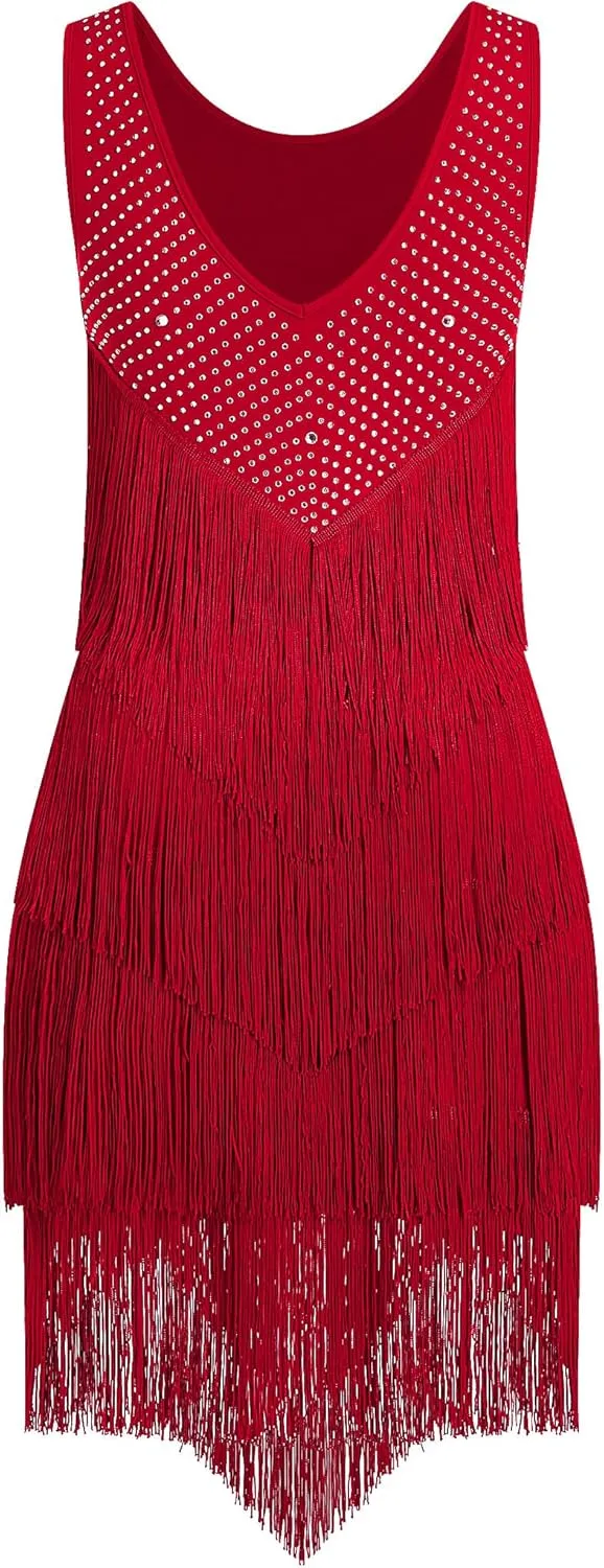 IWEMEK Rhinestones Layered Fringe Dress Ballroom Latin Dance Dress for Women Tiered Tassel Flapper Dresses Dancing Costume