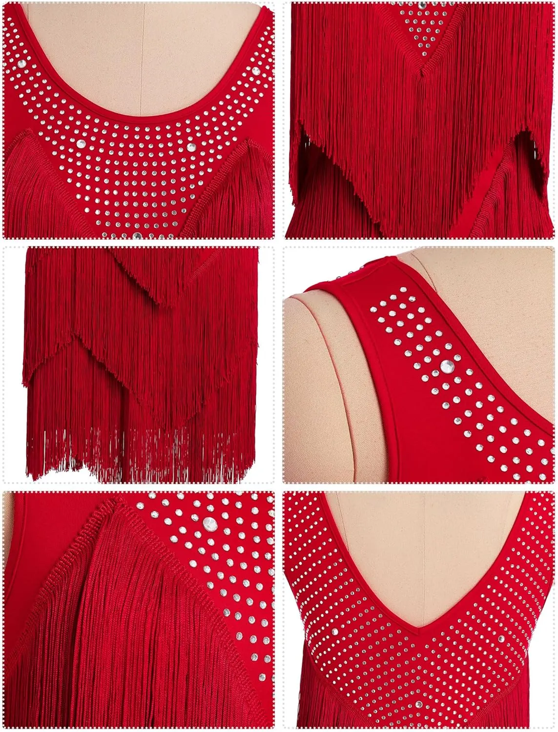 IWEMEK Rhinestones Layered Fringe Dress Ballroom Latin Dance Dress for Women Tiered Tassel Flapper Dresses Dancing Costume