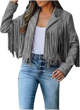 Kubbon Women's Fringe Faux Suede Leather Jackets 2024 Fall Long Sleeve Tassel Cropped Cowboy Coats Motorcycle Outfits