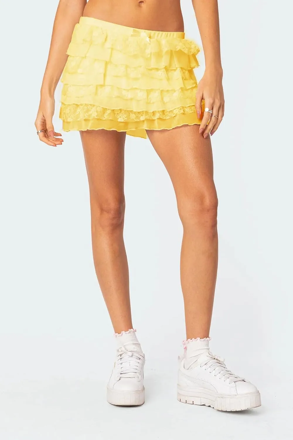 Lace Mini Skirt for Women Sexy Low Rise Floral Layered Ruffled Hem Zipper Y2k Gothic Flirty Skirt