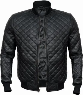 Men's Black Quilted Bomber Jacket - Diamond Quilted Black Bomber Leather Jacket