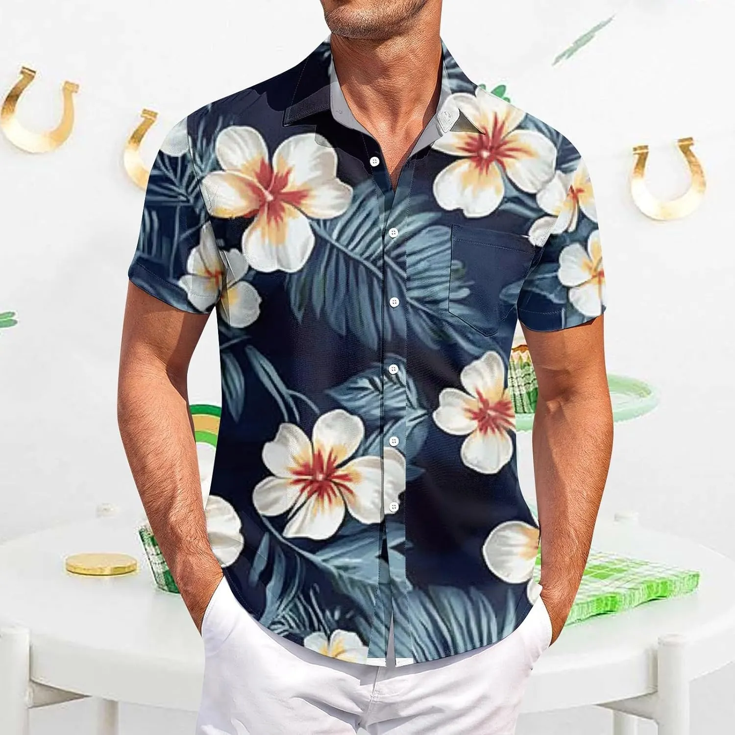 Mens Hawaiian Shirt Short Sleeve Button Down Shirts Palm Tree Floral Printed Casual Slim Fit Tops with Pocket