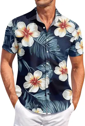 Mens Hawaiian Shirt Short Sleeve Button Down Shirts Palm Tree Floral Printed Casual Slim Fit Tops with Pocket