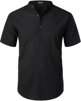 Men's Summer Lightweight Cotton Linen Shirts Casual Short Sleeve Breathable Banded Collar Henley for Beach Vacation