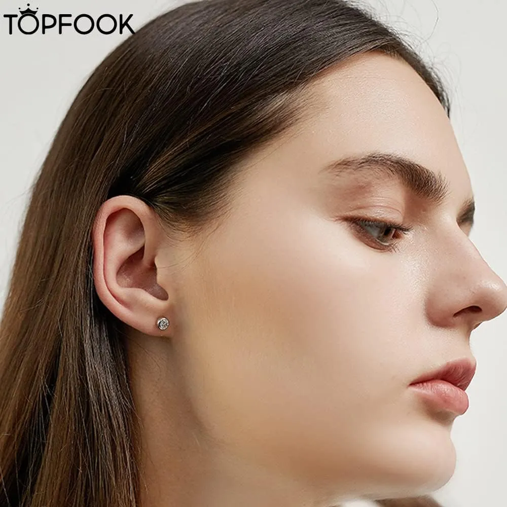 Moissanite Diamond Earrings for Women 18K Gold Plated 925 Sterling Silver Bezel Set Round Studs Topfook Jewelry
