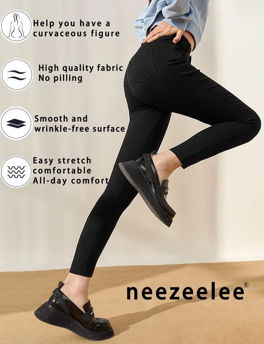 neezeelee Women's High Waisted Comfort Black Stretch Dress Pants for Work Business Casual with Pockets