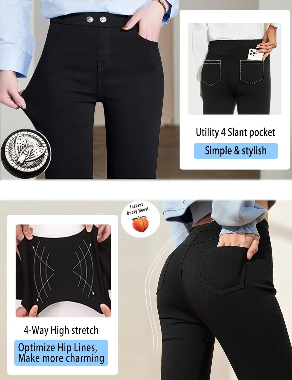 neezeelee Women's High Waisted Comfort Black Stretch Dress Pants for Work Business Casual with Pockets