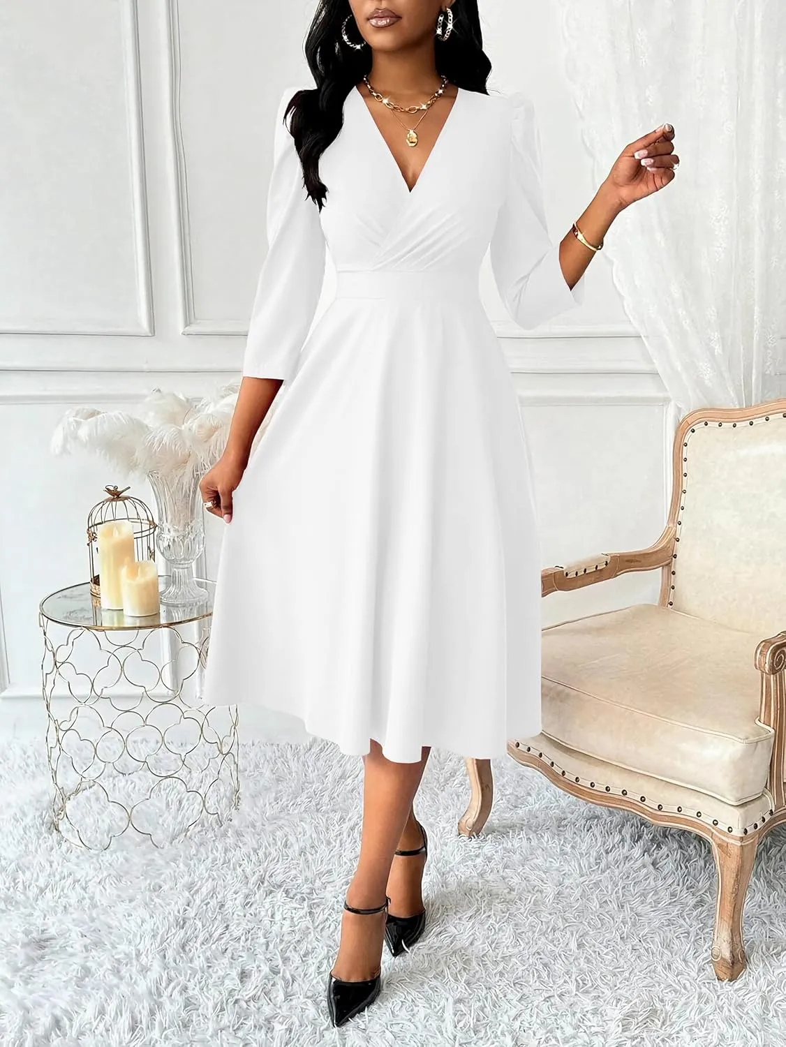 Nmoder Women Casual Midi Semi Formal Fit and Flare 3/4 Sleeve A-line Dress for Church Work Wedding Guest Cocktail Dresses