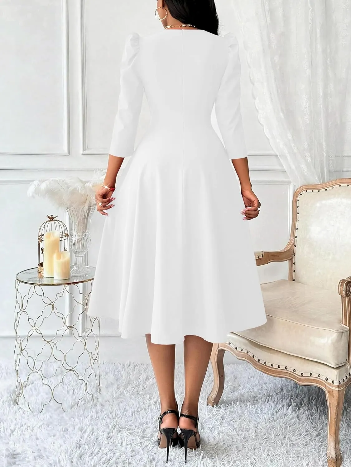 Nmoder Women Casual Midi Semi Formal Fit and Flare 3/4 Sleeve A-line Dress for Church Work Wedding Guest Cocktail Dresses