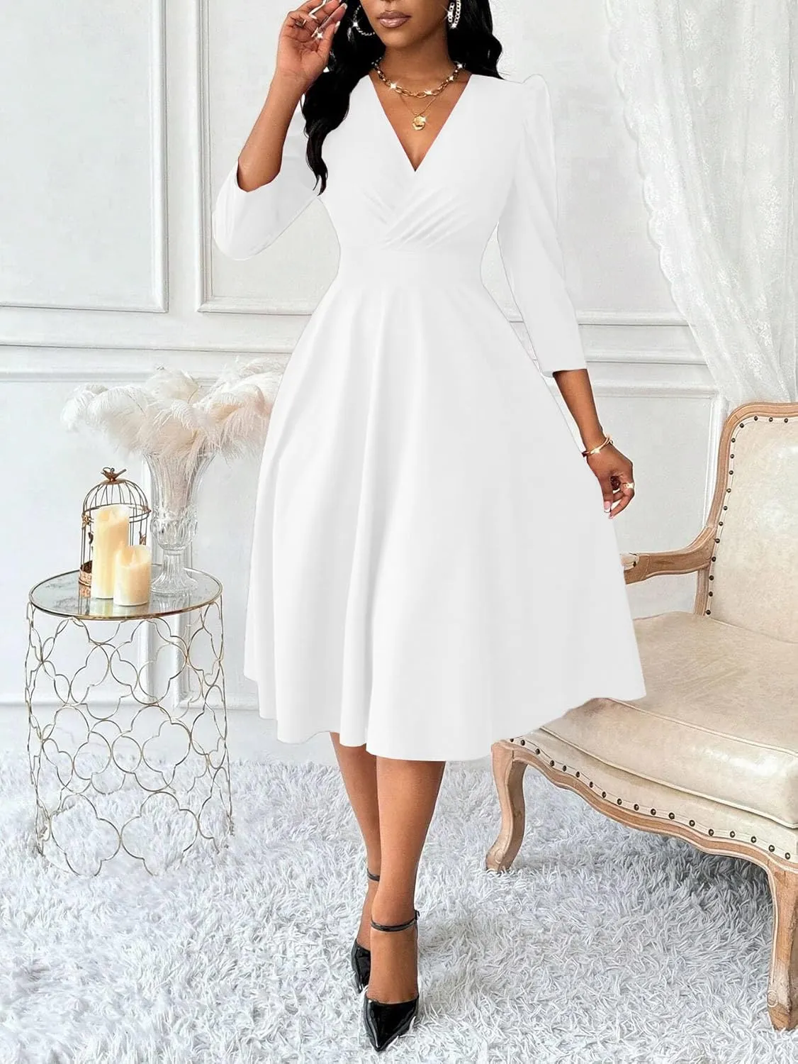 Nmoder Women Casual Midi Semi Formal Fit and Flare 3/4 Sleeve A-line Dress for Church Work Wedding Guest Cocktail Dresses