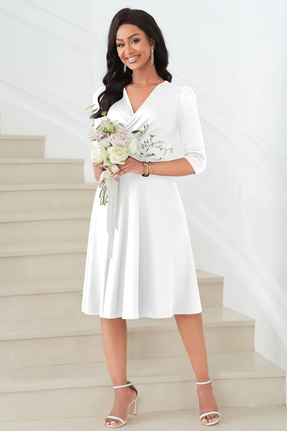 Nmoder Women Casual Midi Semi Formal Fit and Flare 3/4 Sleeve A-line Dress for Church Work Wedding Guest Cocktail Dresses