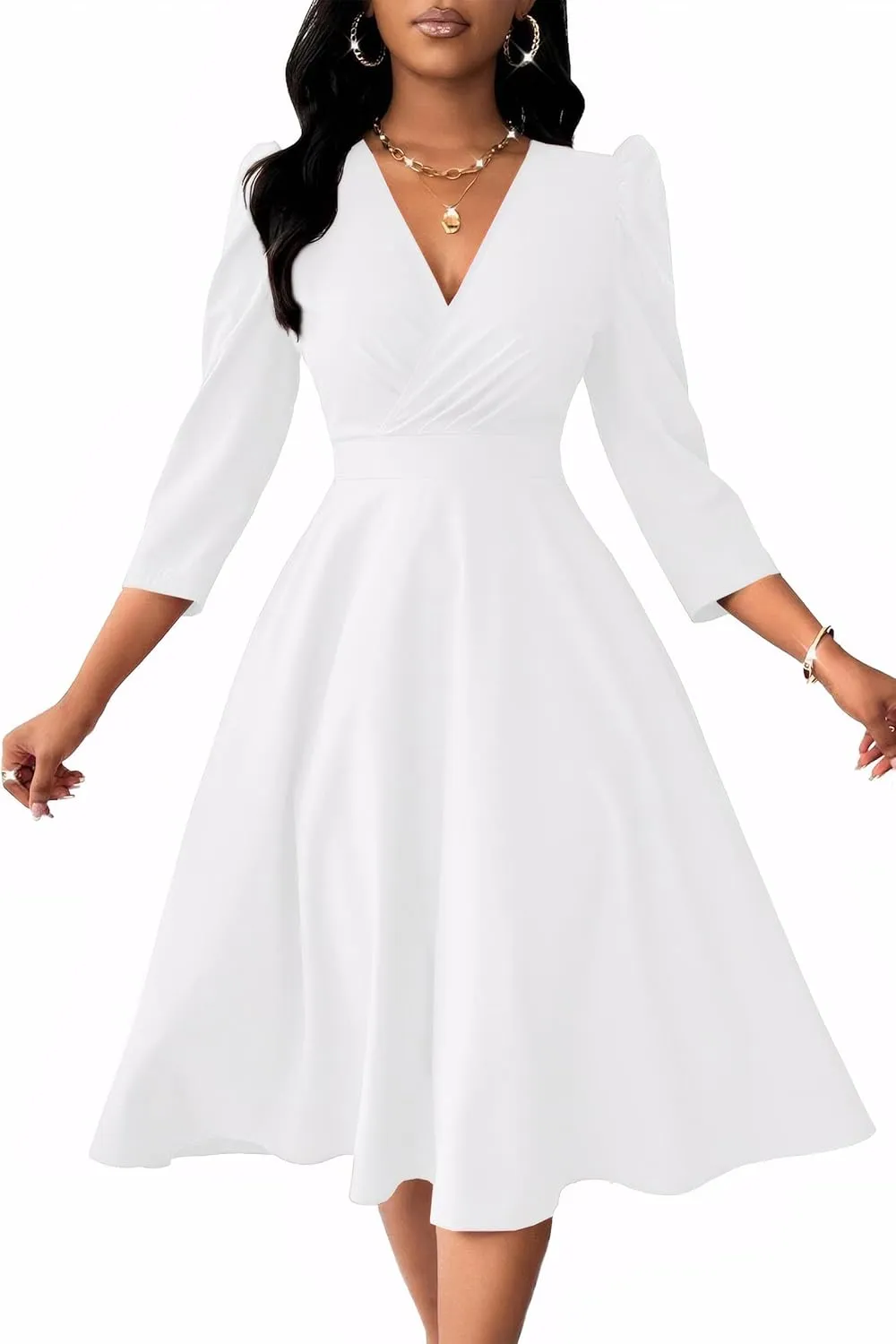Nmoder Women Casual Midi Semi Formal Fit and Flare 3/4 Sleeve A-line Dress for Church Work Wedding Guest Cocktail Dresses