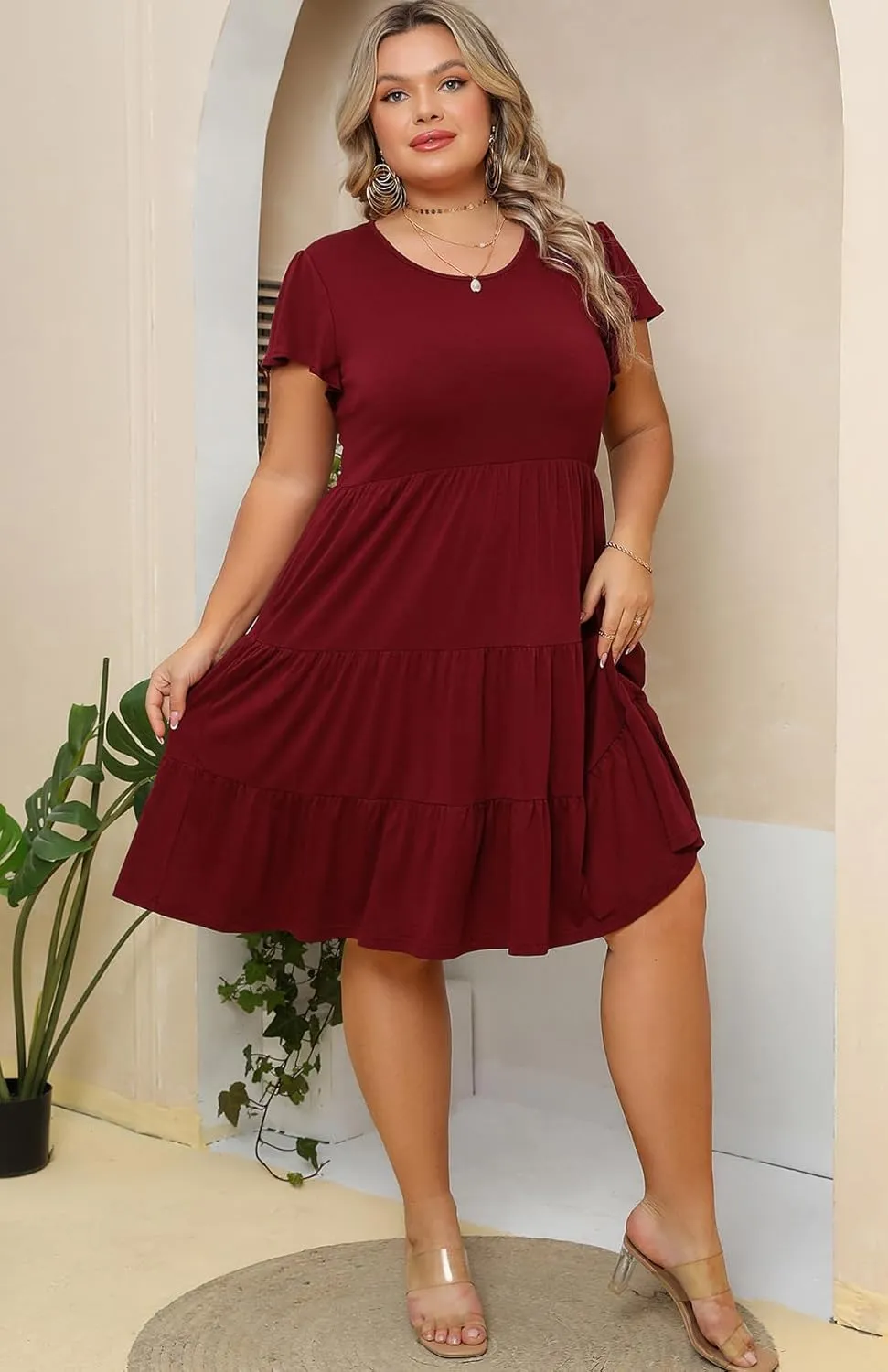Plus Size Summer Dress for Women Ruffle Sleeve Tiered Flowy Casual Aline Babydoll Sundresses with Pockets