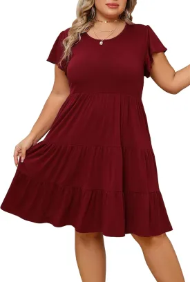 Plus Size Summer Dress for Women Ruffle Sleeve Tiered Flowy Casual Aline Babydoll Sundresses with Pockets