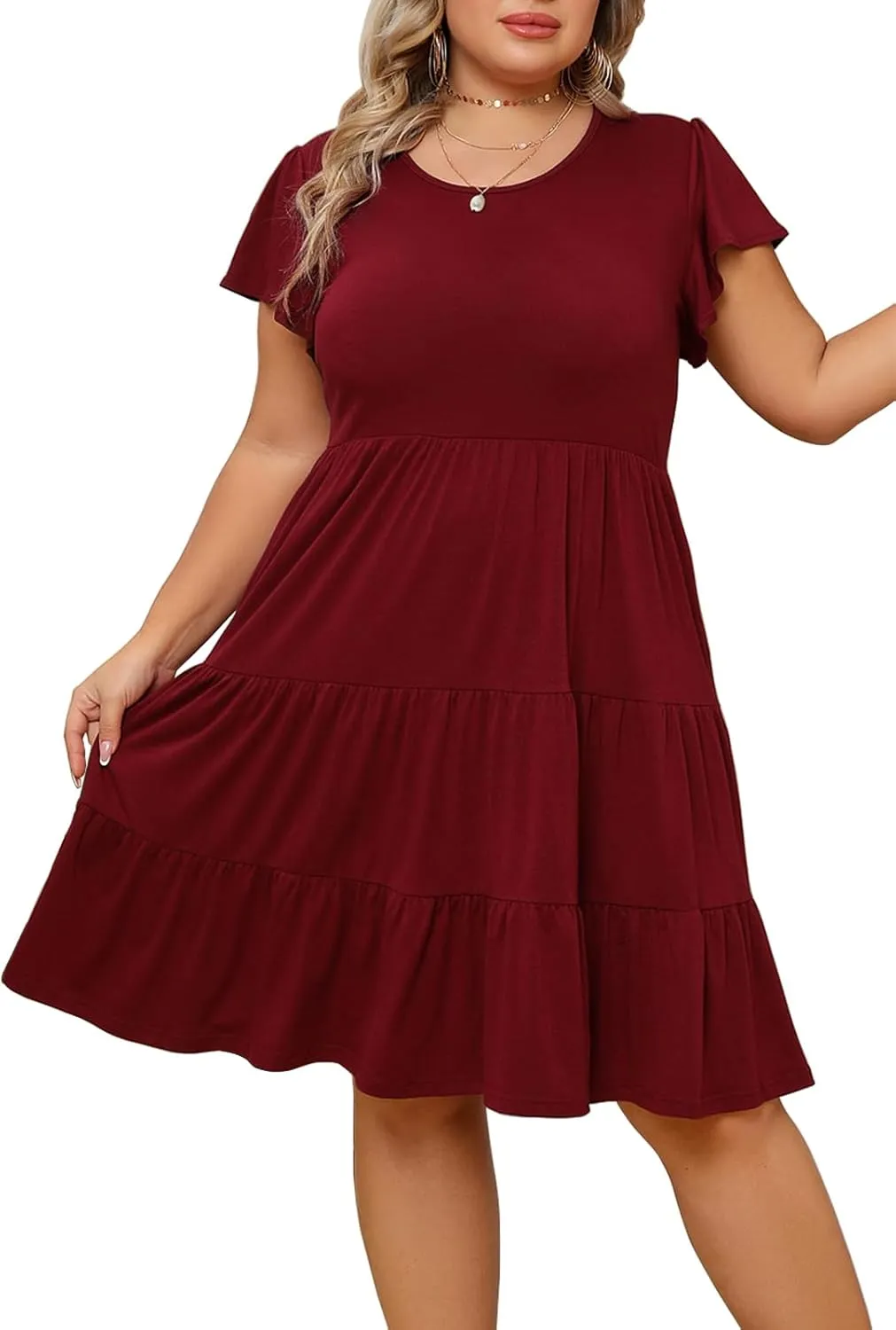 Plus Size Summer Dress for Women Ruffle Sleeve Tiered Flowy Casual Aline Babydoll Sundresses with Pockets