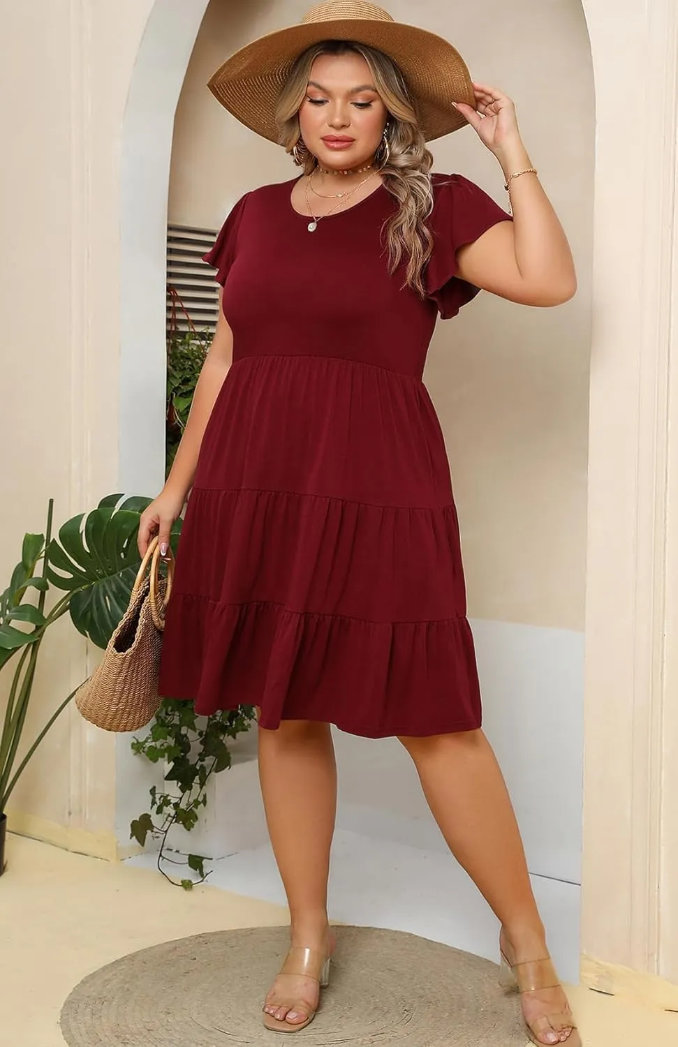 Plus Size Summer Dress for Women Ruffle Sleeve Tiered Flowy Casual Aline Babydoll Sundresses with Pockets