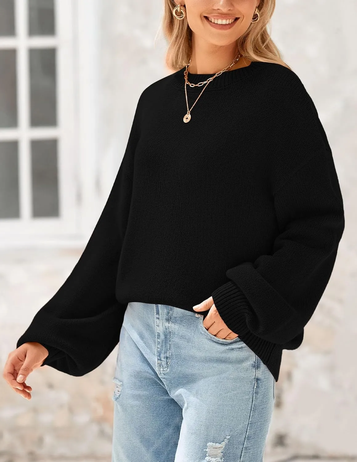 PRETTYGARDEN Women's 2024 Winter Chunky Knit Sweater Casual Long Lantern Sleeve Crewneck Pullover Jumper Tops