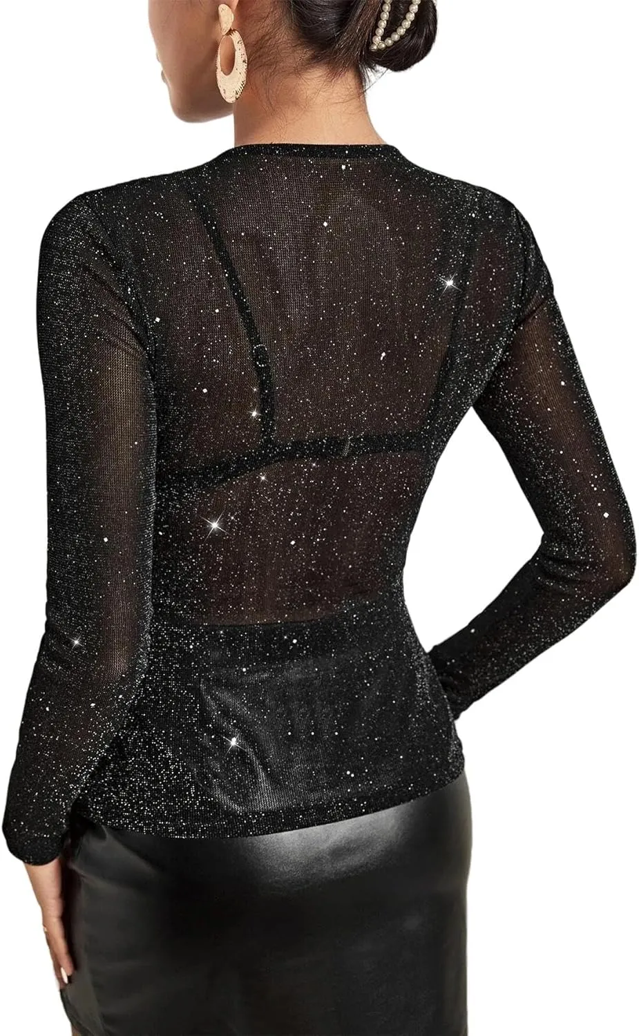 Remidoo Womens Sexy Sheer Mesh Long Sleeve Tops Round Neck Fitted T Shirt